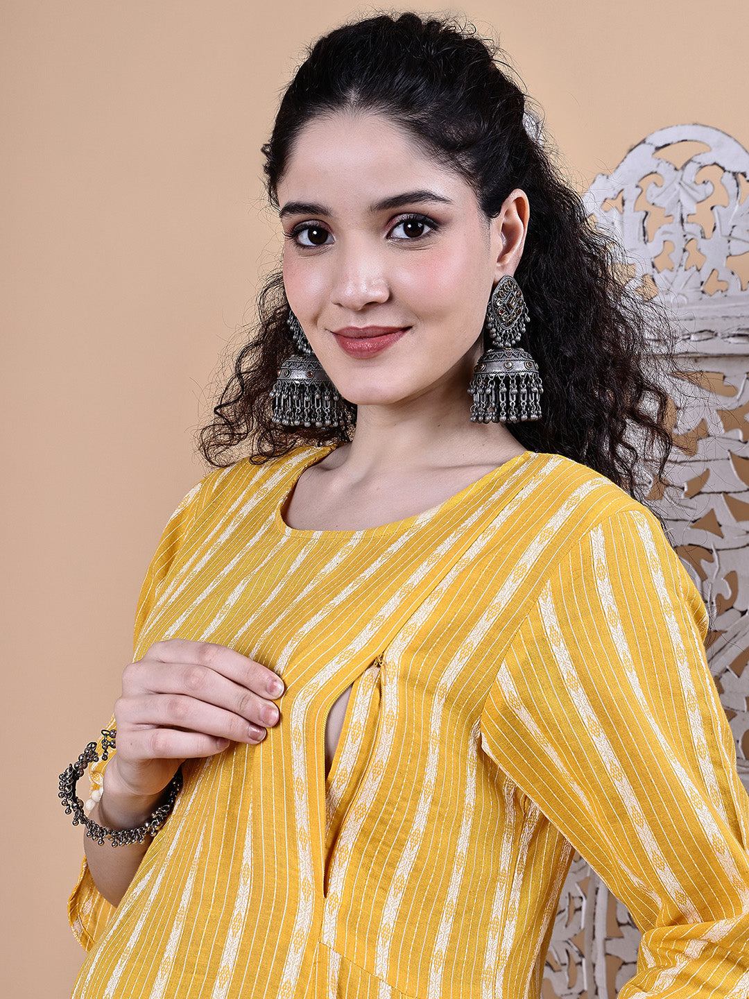 Yellow Ikkat Stripe Cotton Maternity Kurta with Trouser and Dupatta