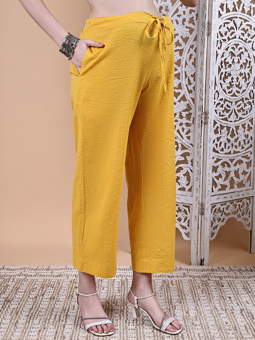 Yellow Ikkat Stripe Cotton Maternity Kurta with Trouser and Dupatta
