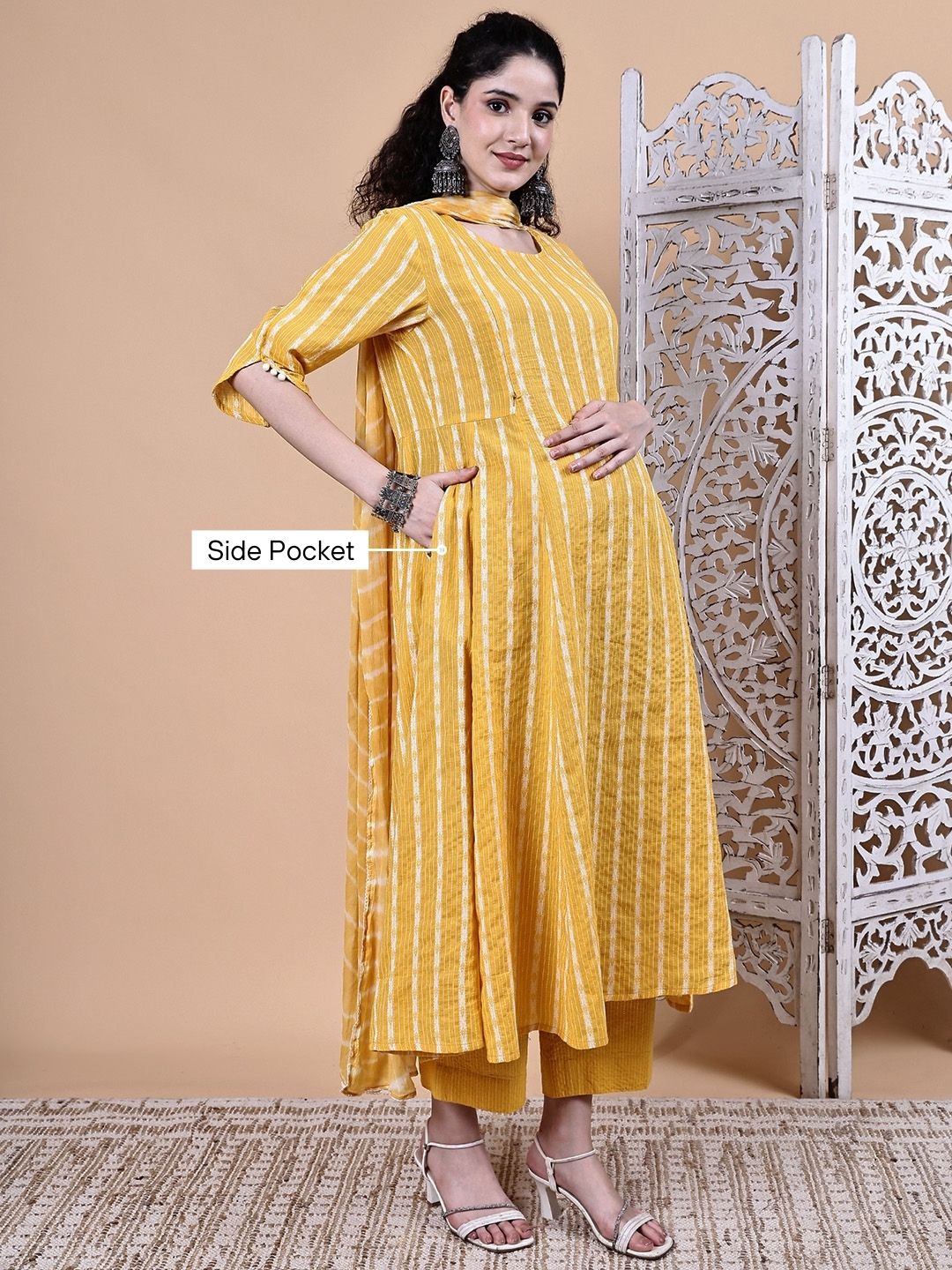Yellow Ikkat Stripe Cotton Maternity Kurta with Trouser and Dupatta