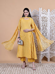 Yellow Ikkat Stripe Cotton Maternity Kurta with Trouser and Dupatta