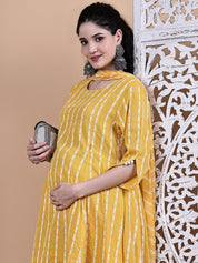 Yellow Ikkat Stripe Cotton Maternity Kurta with Trouser and Dupatta