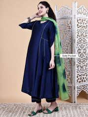 Navy Blue Solid Silk Blend Maternity Kurta with Trouser and Dupatta