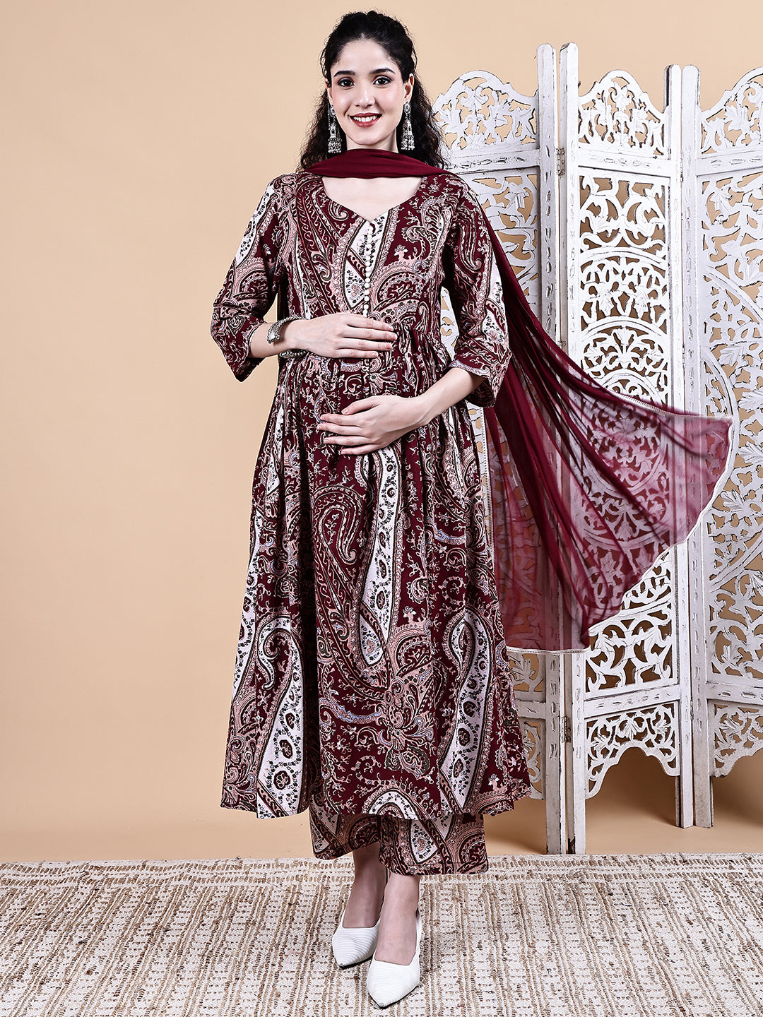Maroon Paisley Cotton Maternity Kurta with Trouser and Dupatta
