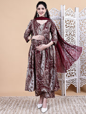 Maroon Paisley Cotton Maternity Kurta with Trouser and Dupatta