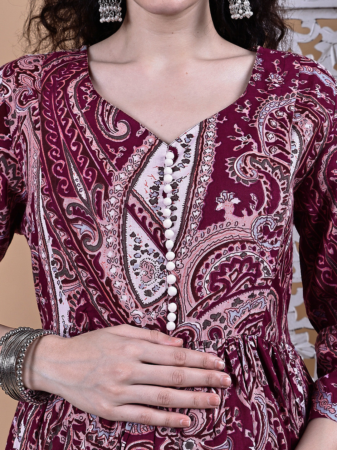 Maroon Paisley Cotton Maternity Kurta with Trouser and Dupatta