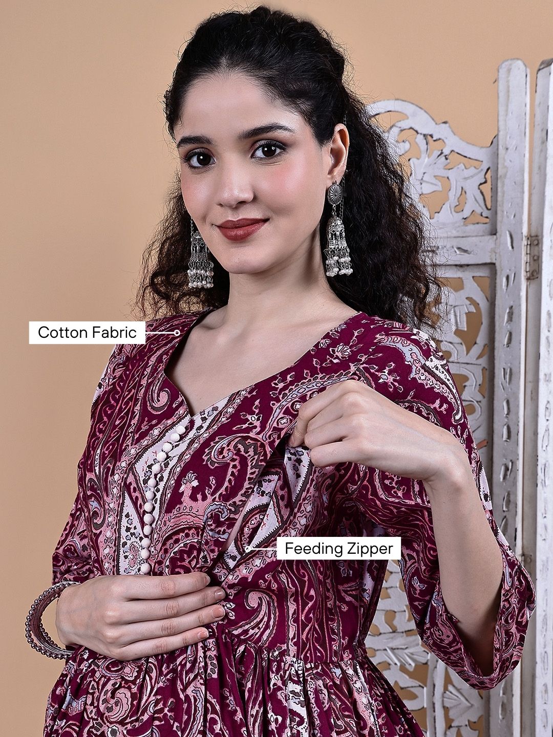 Maroon Paisley Cotton Maternity Kurta with Trouser and Dupatta