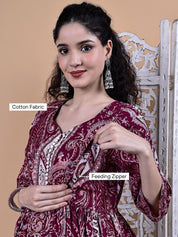 Maroon Paisley Cotton Maternity Kurta with Trouser and Dupatta