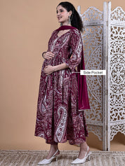 Maroon Paisley Cotton Maternity Kurta with Trouser and Dupatta