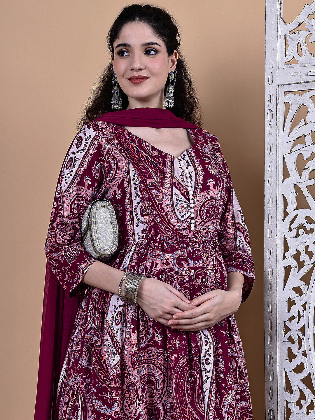Maroon Paisley Cotton Maternity Kurta with Trouser and Dupatta