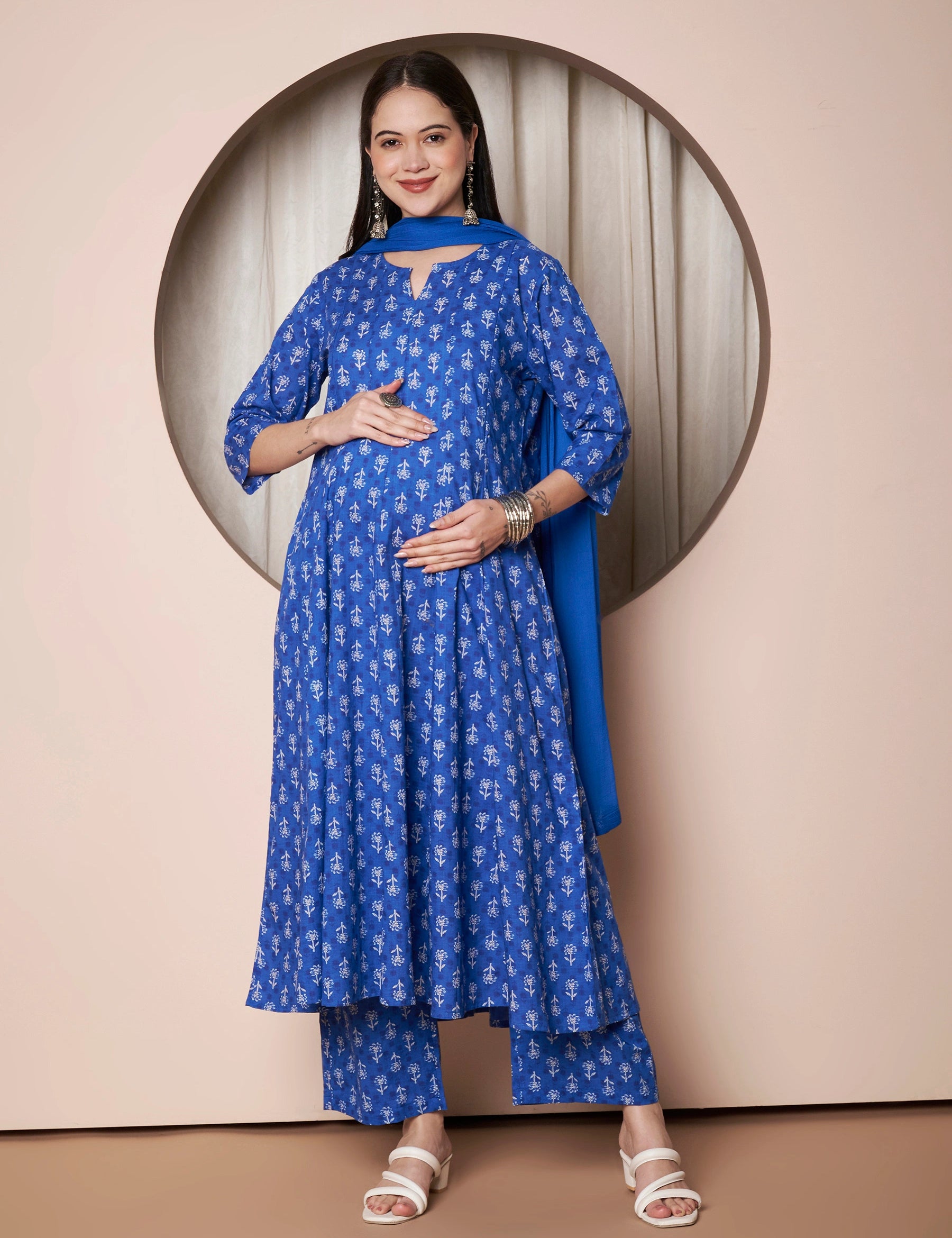 Blue Floral Cotton Maternity Kurta with Trouser and Dupatta