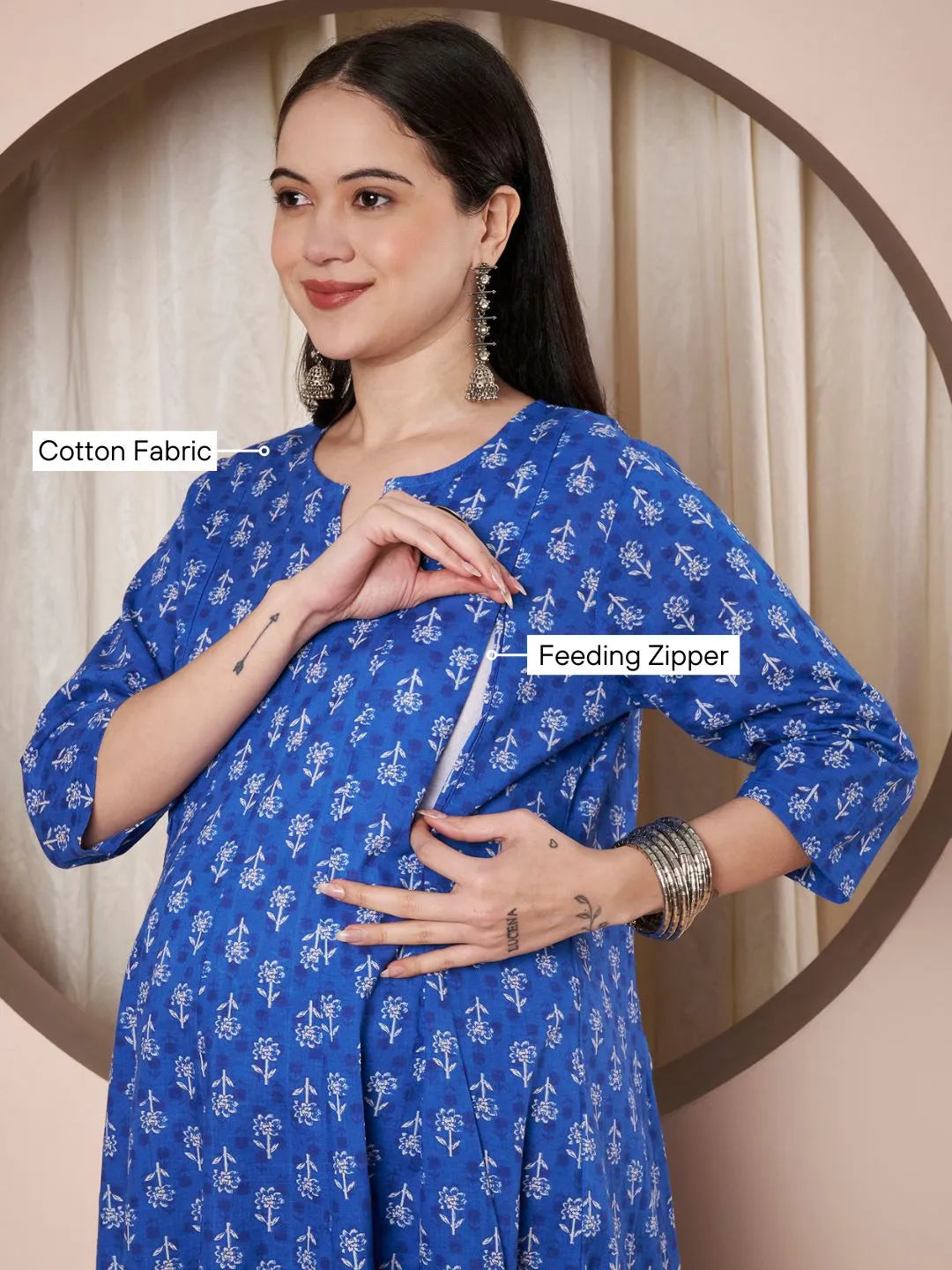 Blue Floral Cotton Maternity Kurta with Trouser and Dupatta