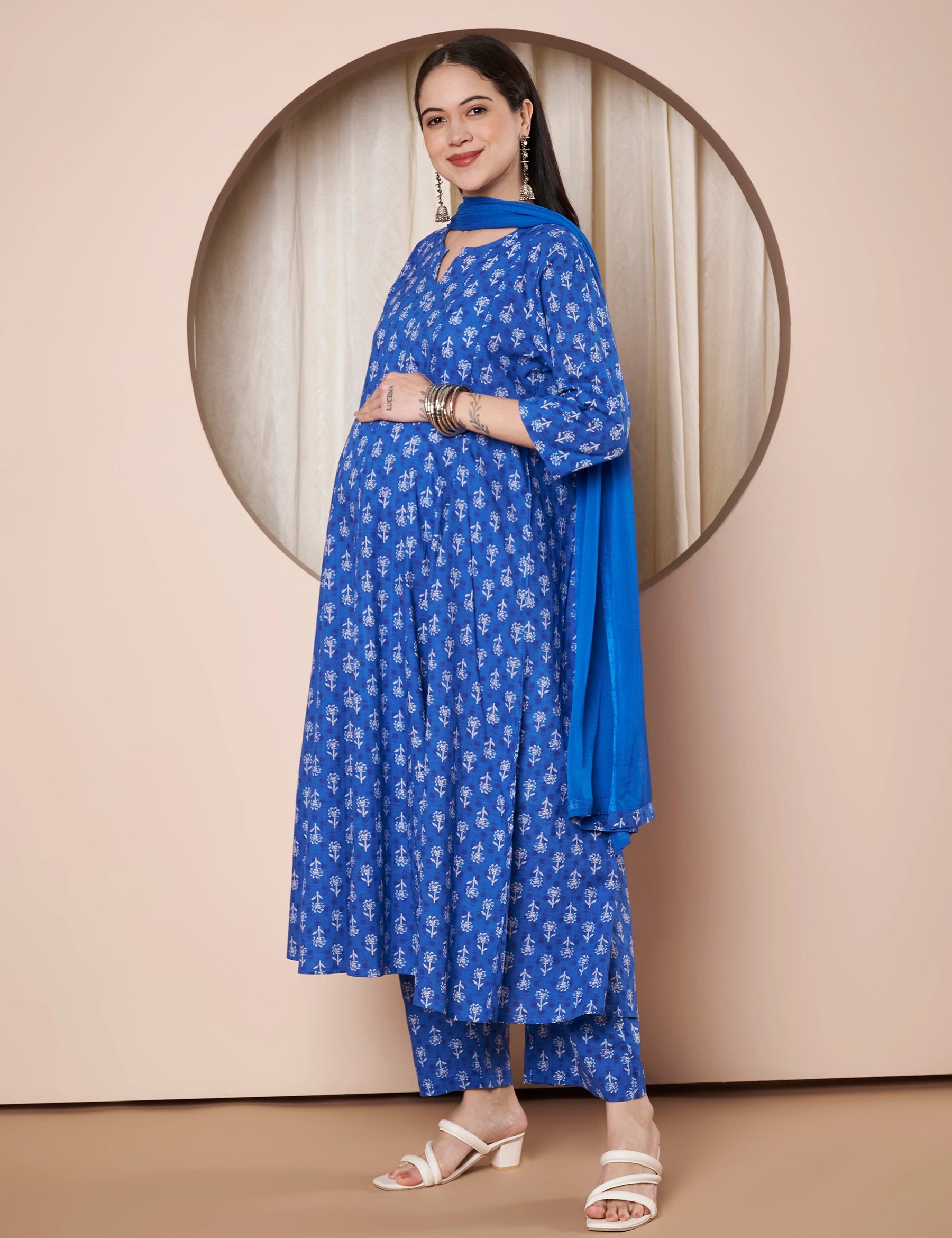 Blue Floral Cotton Maternity Kurta with Trouser and Dupatta