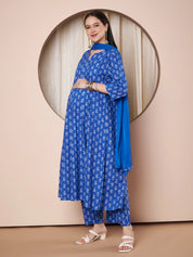 Blue Floral Cotton Maternity Kurta with Trouser and Dupatta