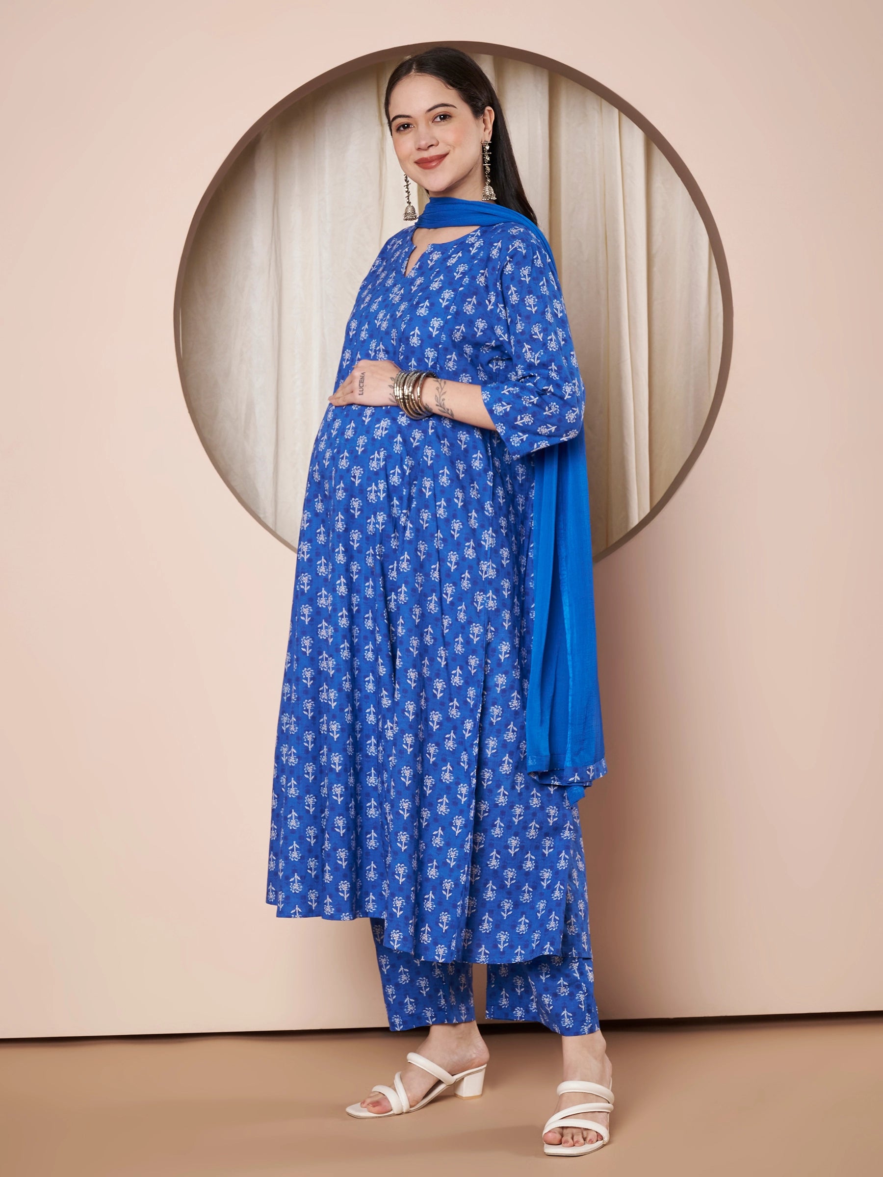 Blue Floral Cotton Maternity Kurta with Trouser and Dupatta