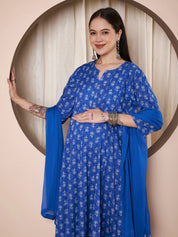 Blue Floral Cotton Maternity Kurta with Trouser and Dupatta