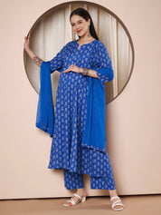 Blue Floral Cotton Maternity Kurta with Trouser and Dupatta