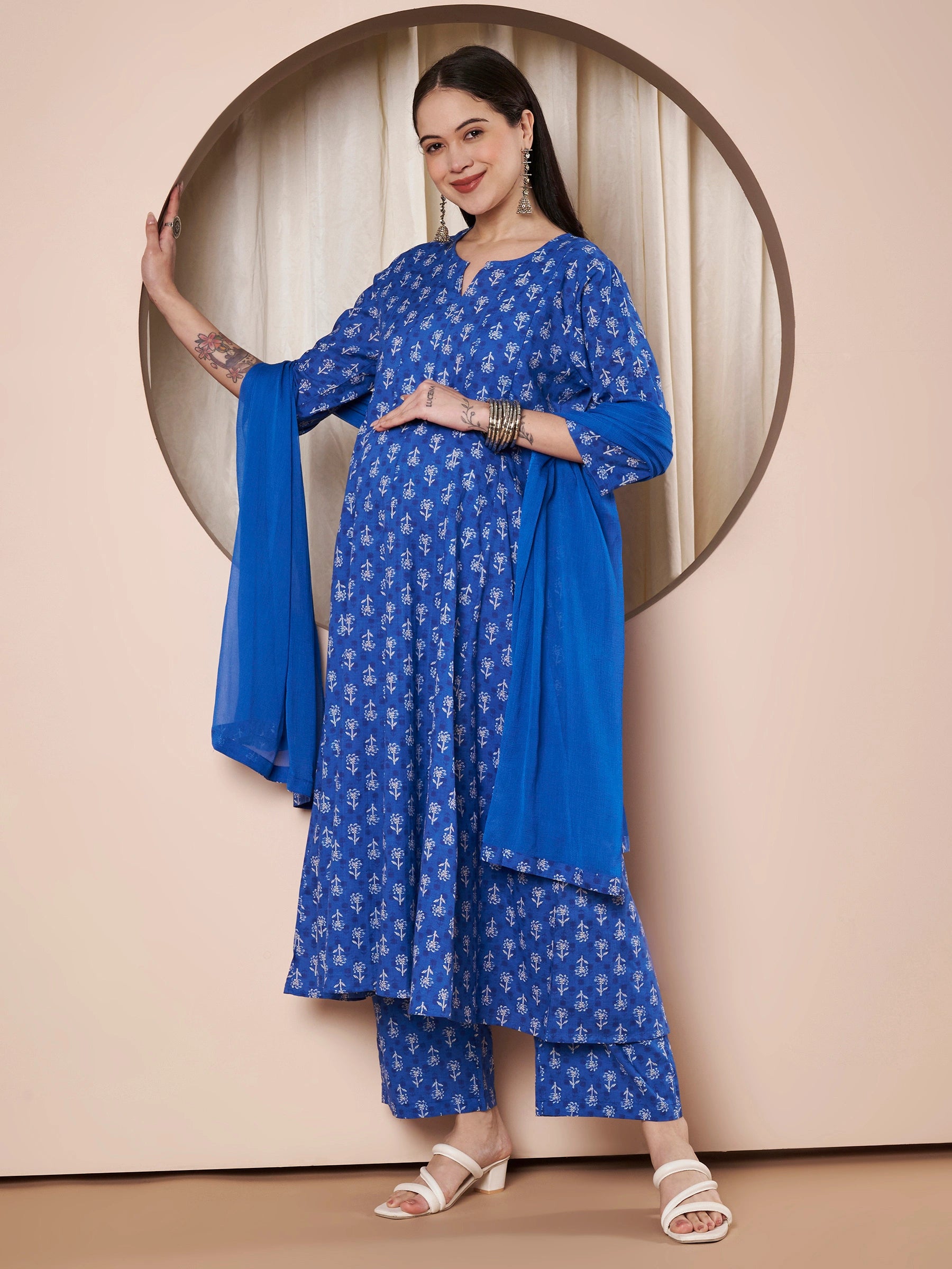 Blue Floral Cotton Maternity Kurta with Trouser and Dupatta