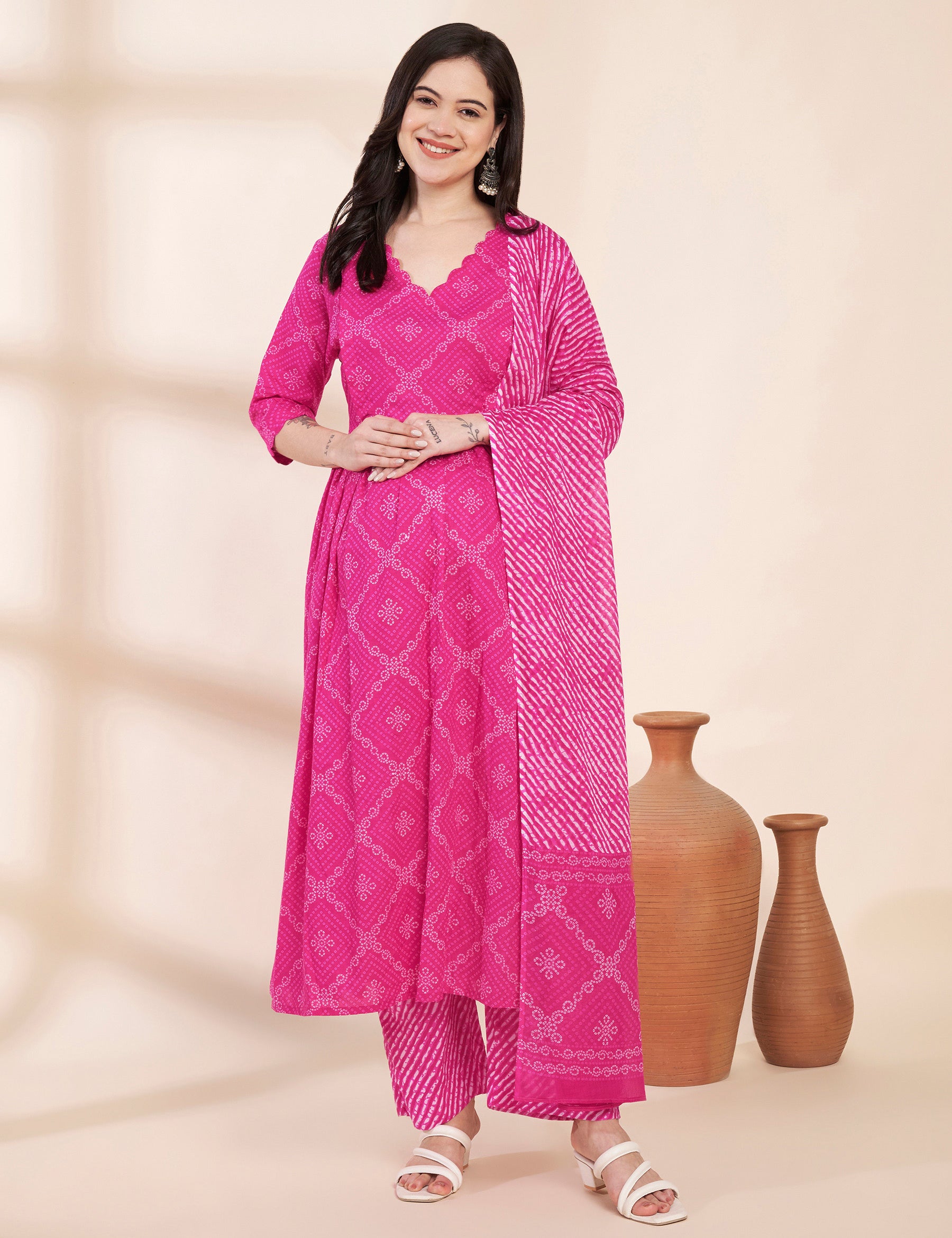 Pink Bandhani Print Cotton Maternity Kurta with Trouser and Dupatta