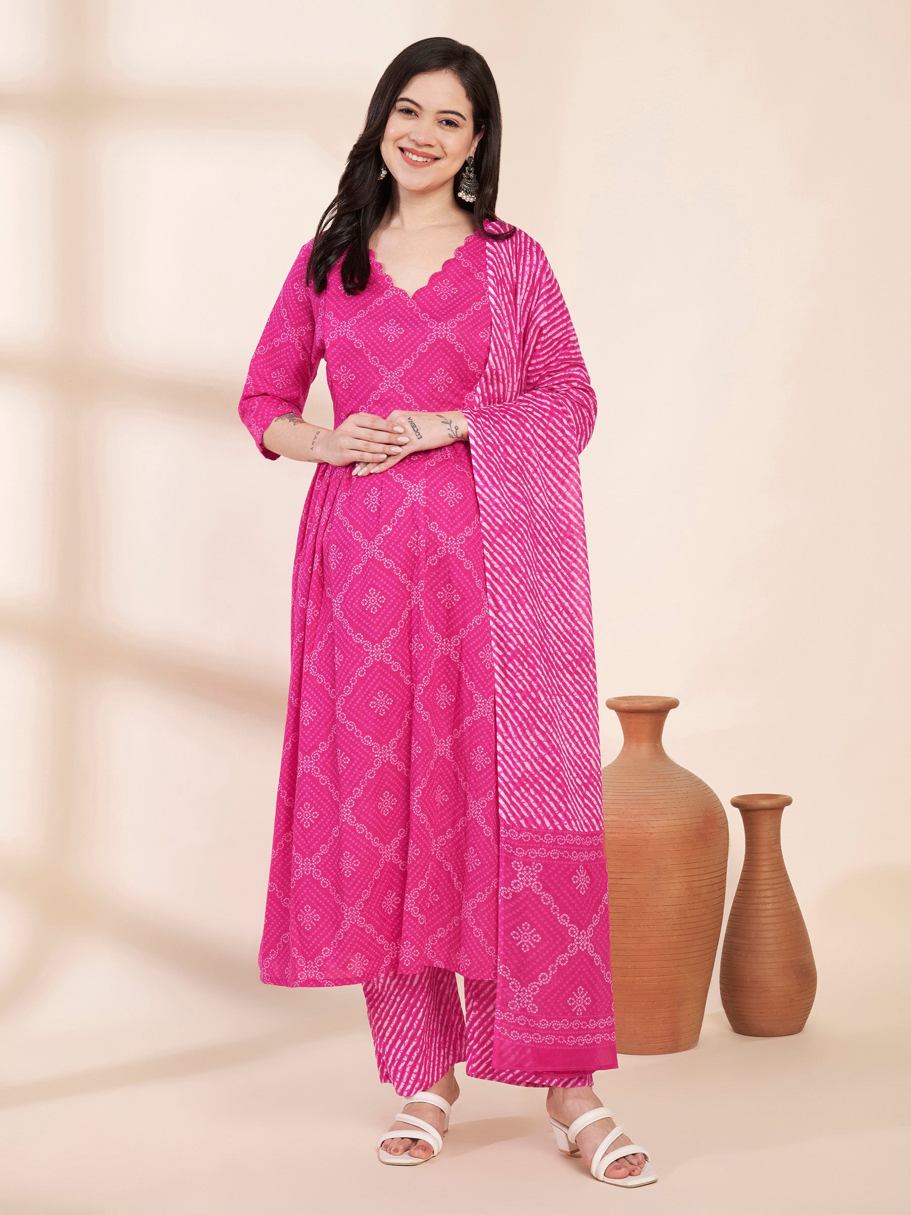 Pink Bandhani Print Cotton Maternity Kurta with Trouser and Dupatta