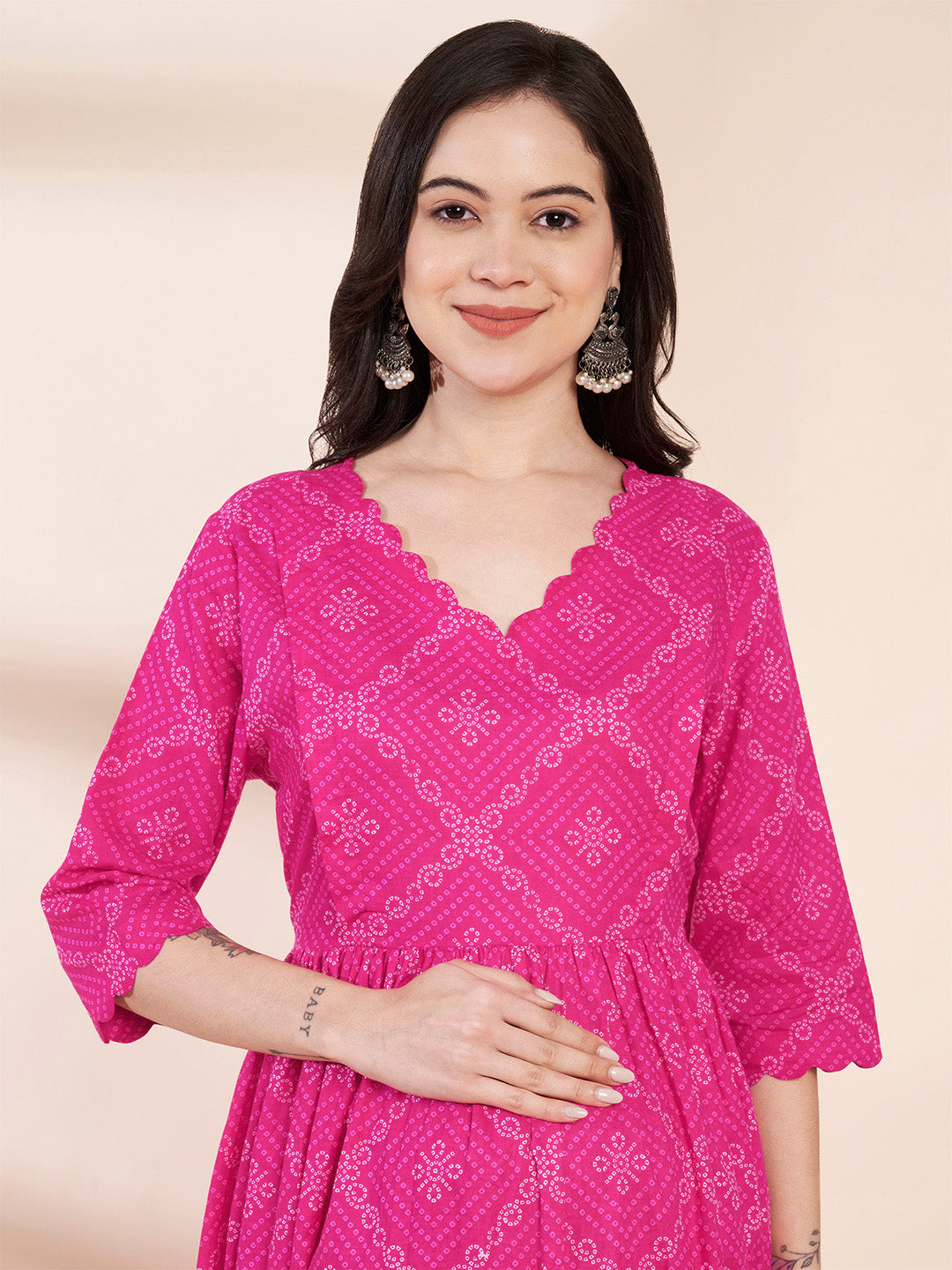 Pink Bandhani Print Cotton Maternity Kurta with Trouser and Dupatta