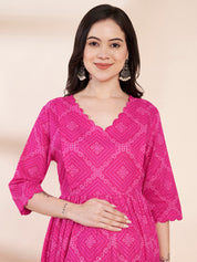 Pink Bandhani Print Cotton Maternity Kurta with Trouser and Dupatta