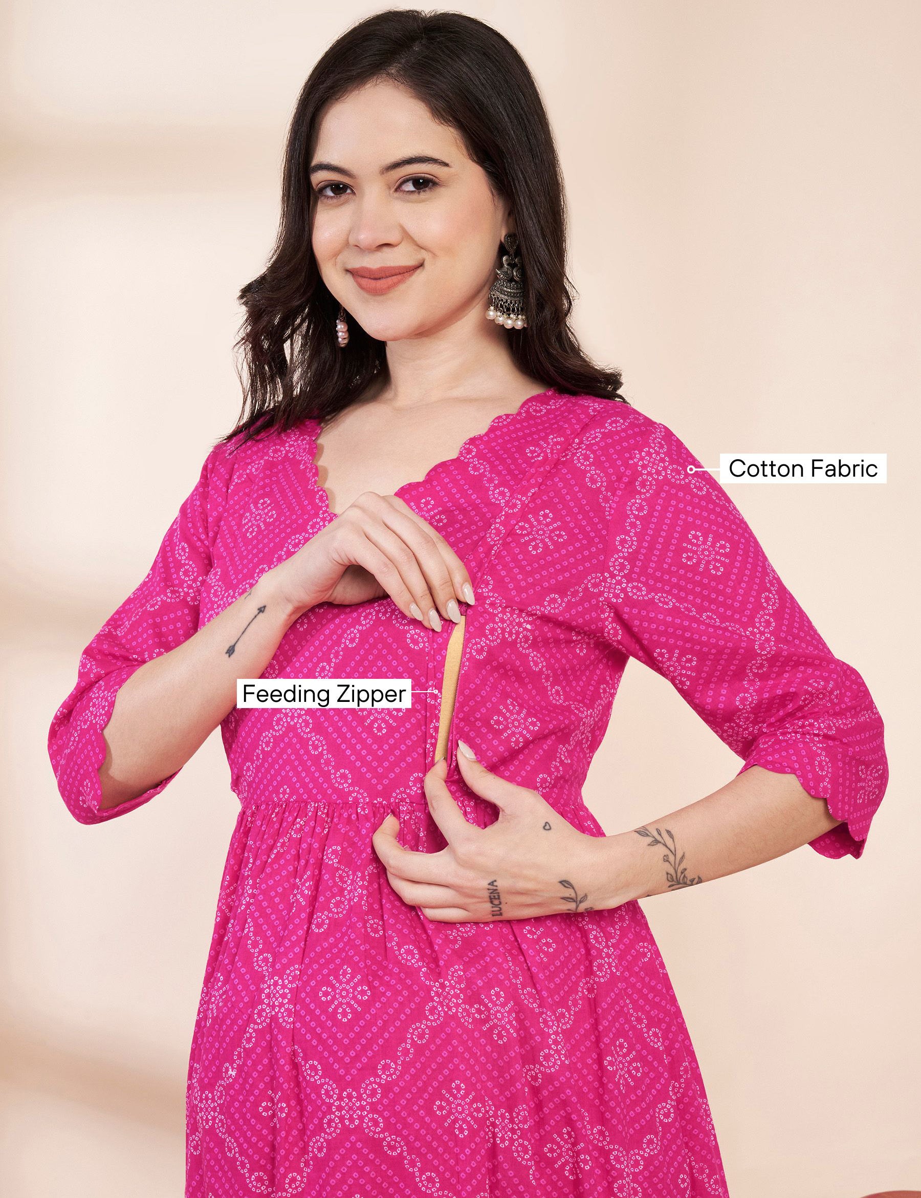 Pink Bandhani Print Cotton Maternity Kurta with Trouser and Dupatta