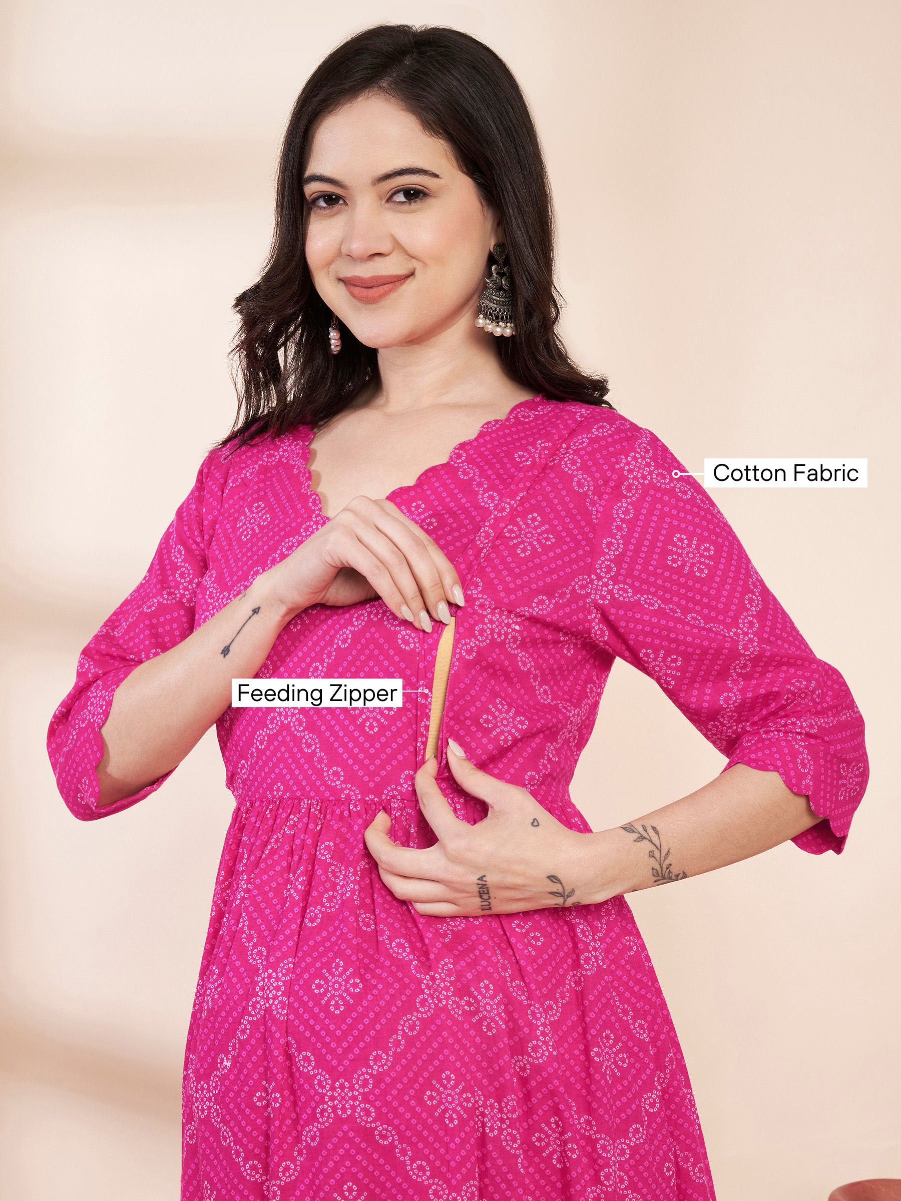 Pink Bandhani Print Cotton Maternity Kurta with Trouser and Dupatta