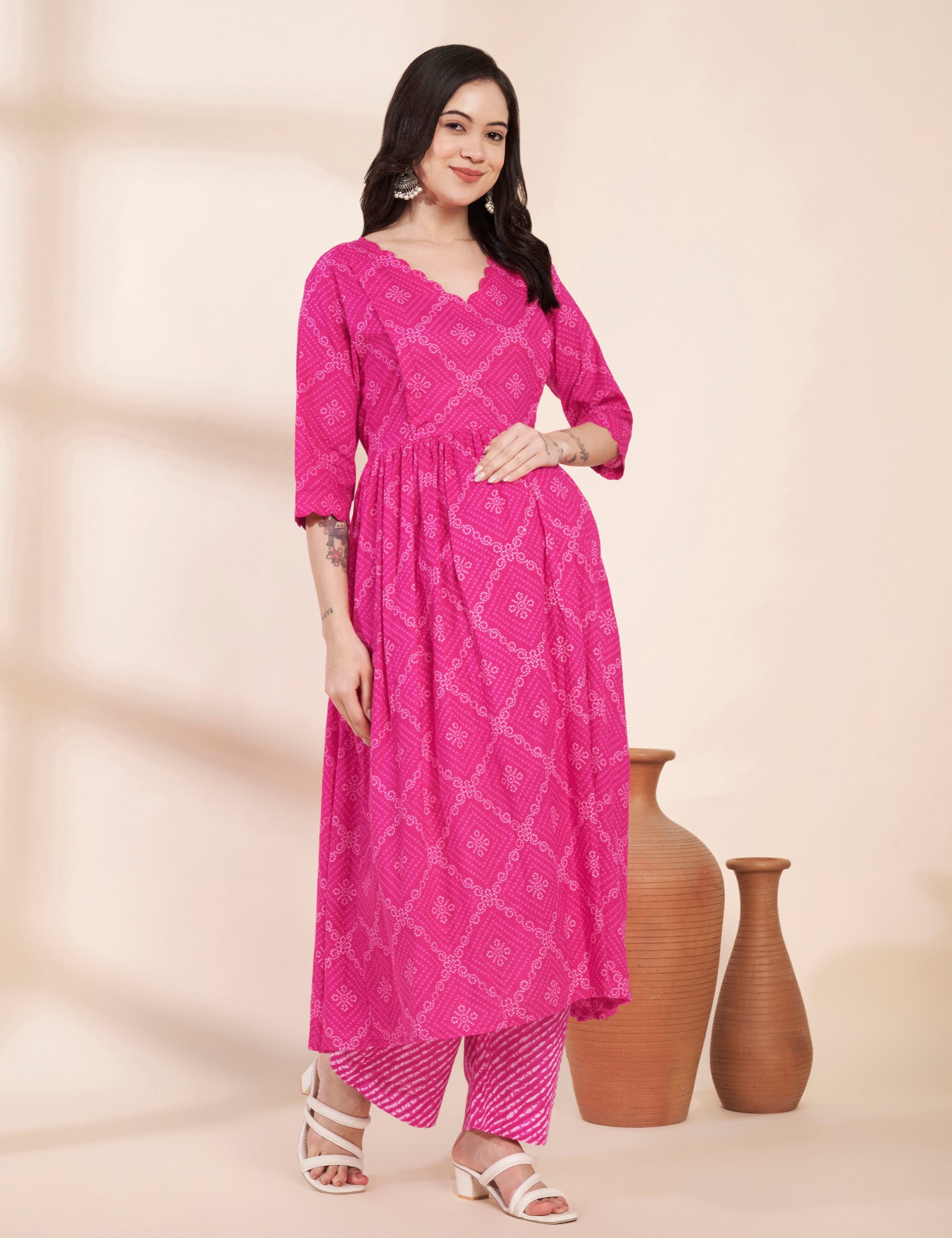 Pink Bandhani Print Cotton Maternity Kurta with Trouser and Dupatta