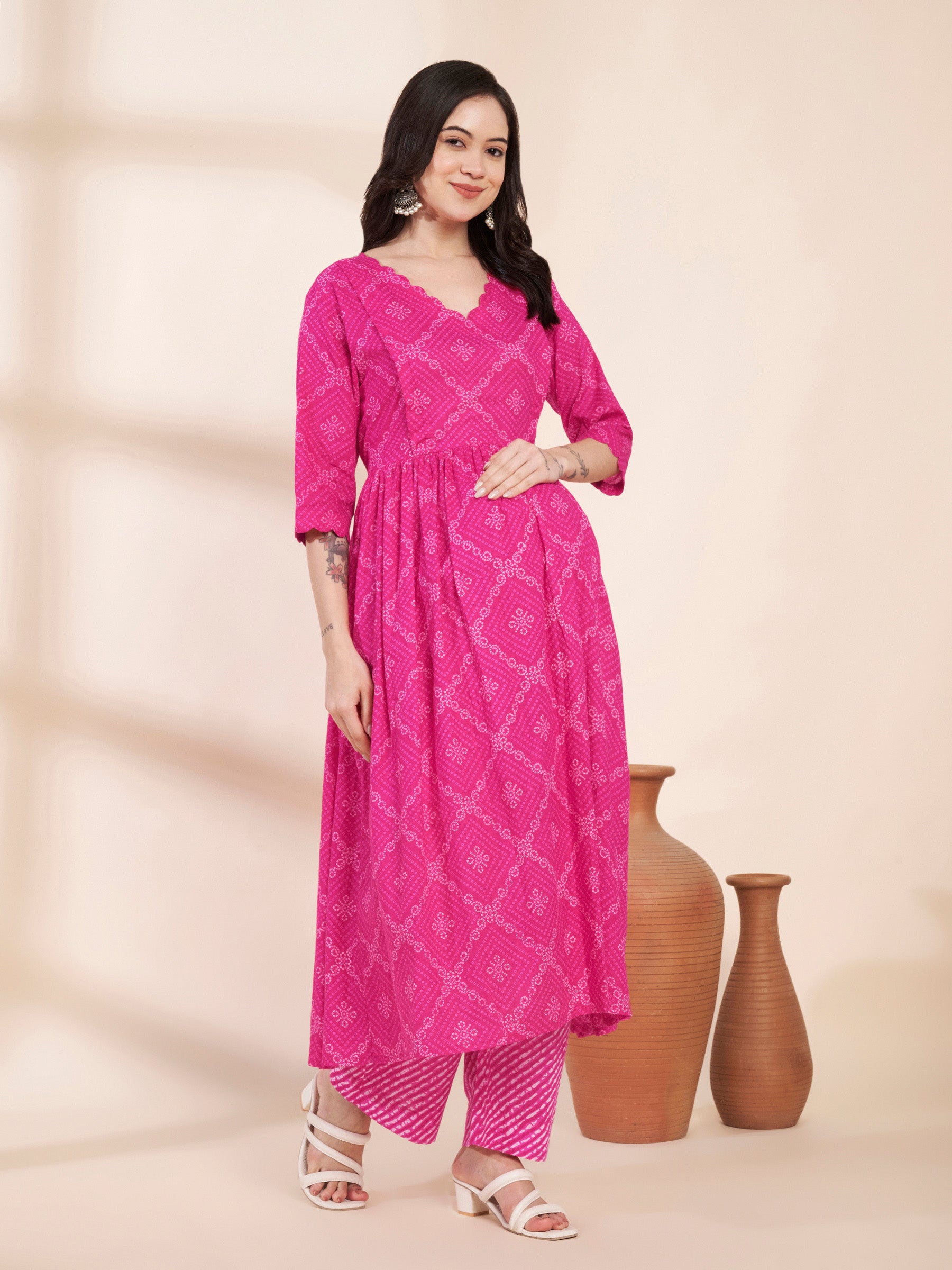 Pink Bandhani Print Cotton Maternity Kurta with Trouser and Dupatta