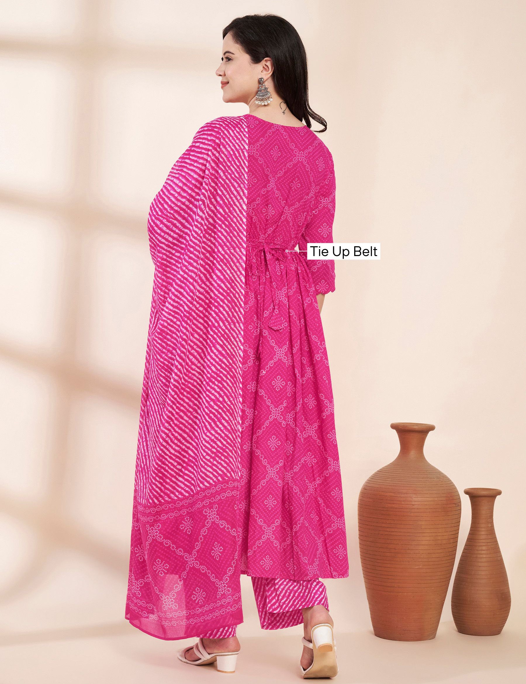 Pink Bandhani Print Cotton Maternity Kurta with Trouser and Dupatta