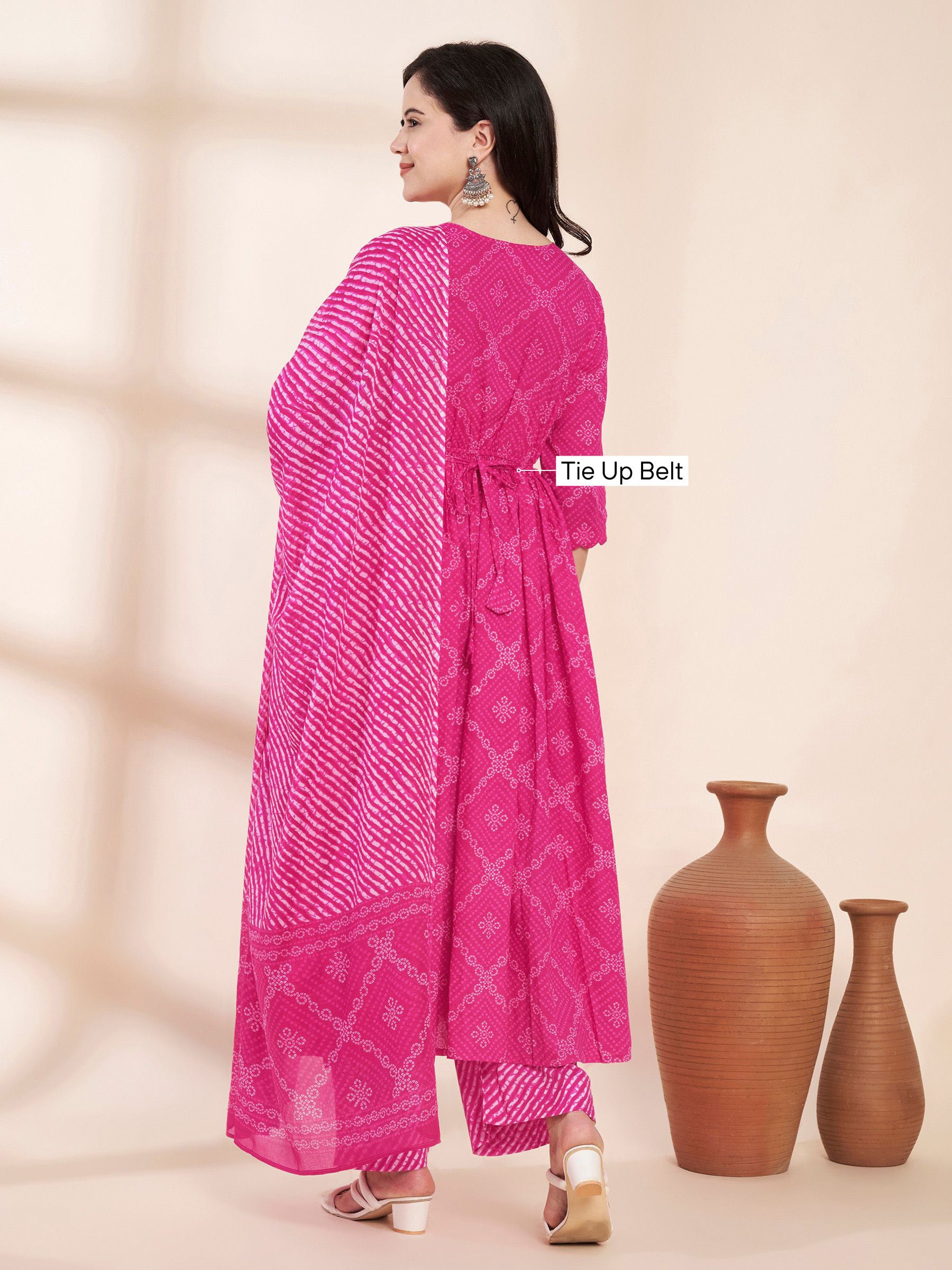 Pink Bandhani Print Cotton Maternity Kurta with Trouser and Dupatta