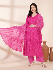 Pink Bandhani Print Cotton Maternity Kurta with Trouser and Dupatta