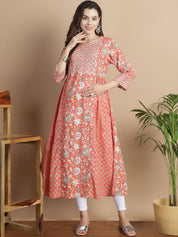Peach Floral Cotton Maternity Kurta
