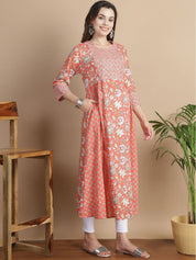 Peach Floral Cotton Maternity Kurta