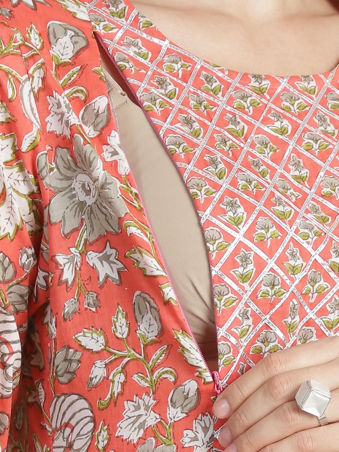 Peach Floral Cotton Maternity Kurta