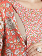 Peach Floral Cotton Maternity Kurta