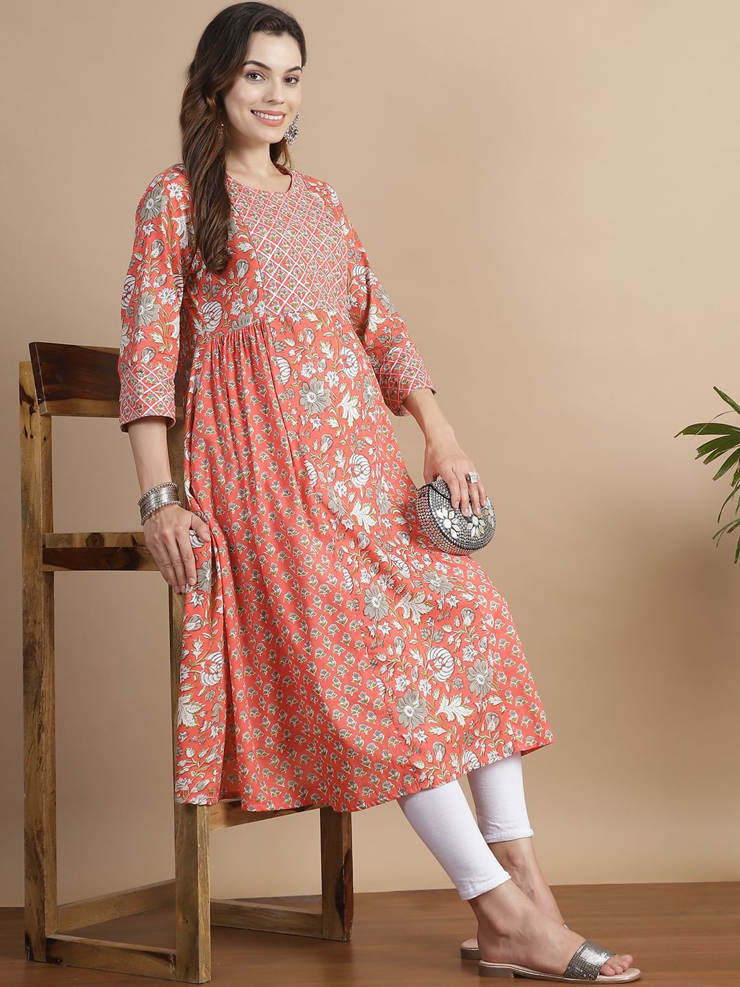 Peach Floral Cotton Maternity Kurta