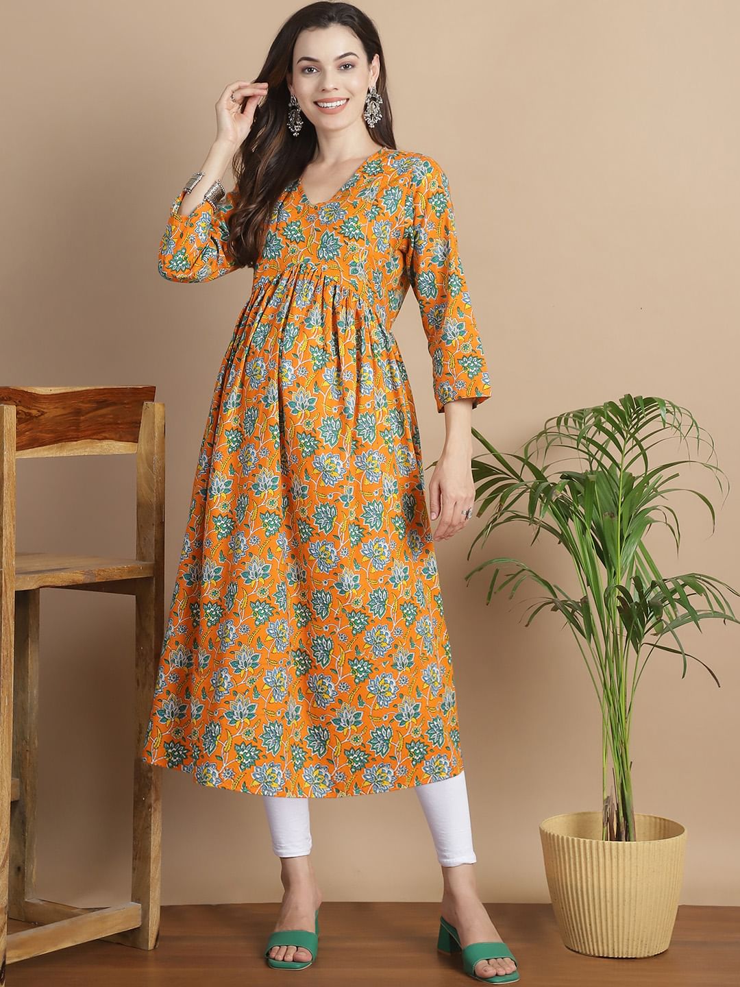 Orange Floral Cotton Maternity Kurta