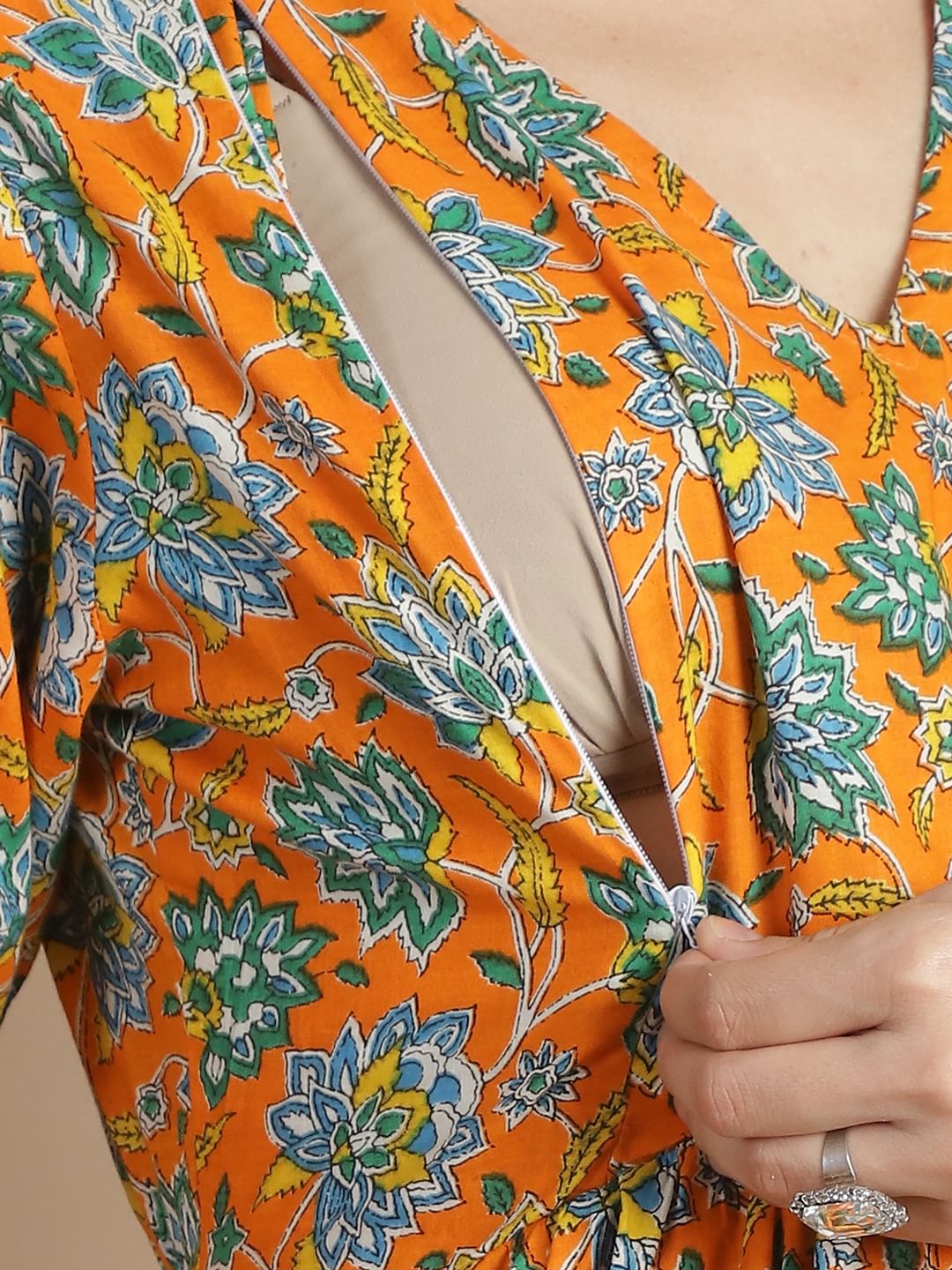 Orange Floral Cotton Maternity Kurta