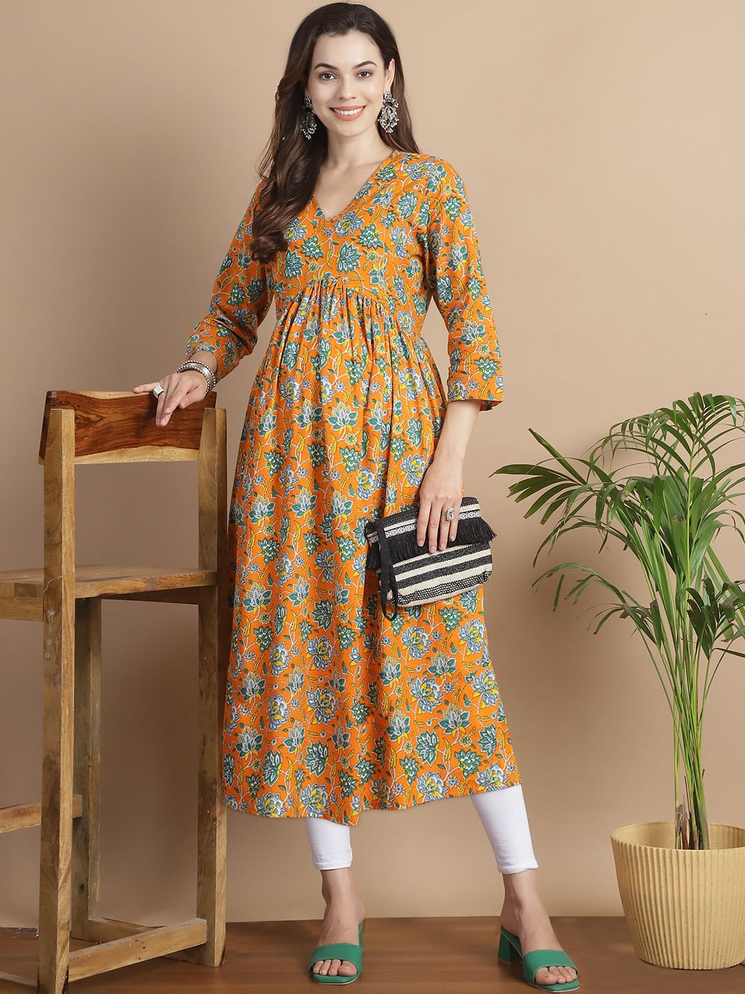 Orange Floral Cotton Maternity Kurta