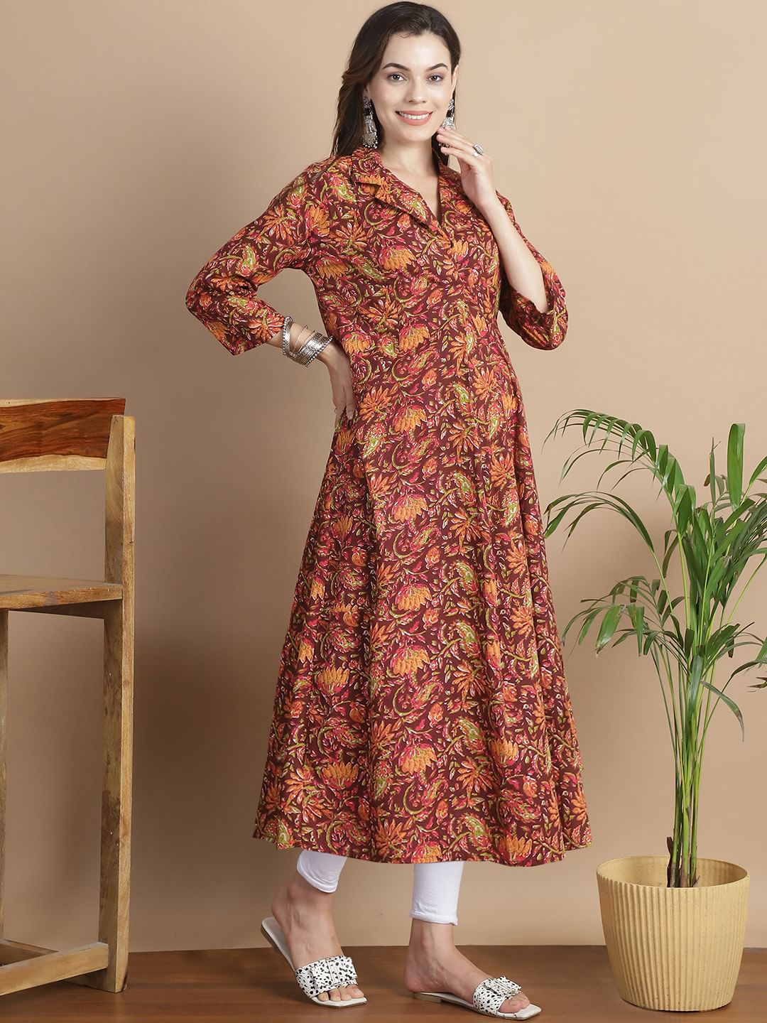 Brown Floral Cotton Maternity Kurta
