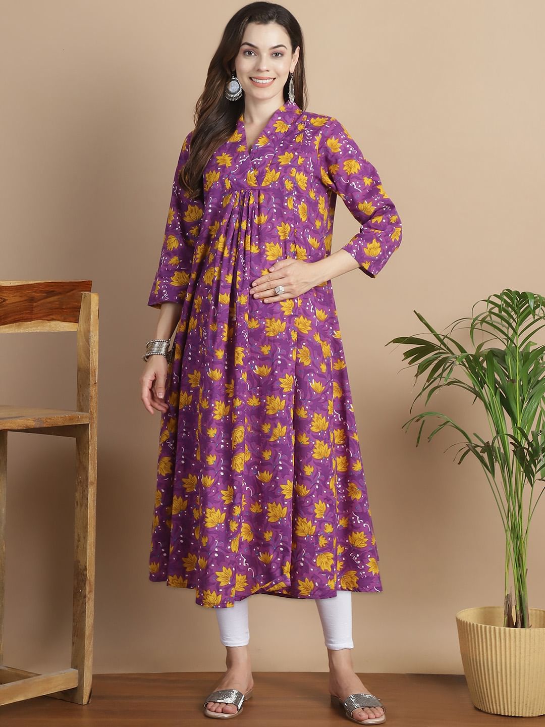 Purple Floral Cotton Maternity Kurta
