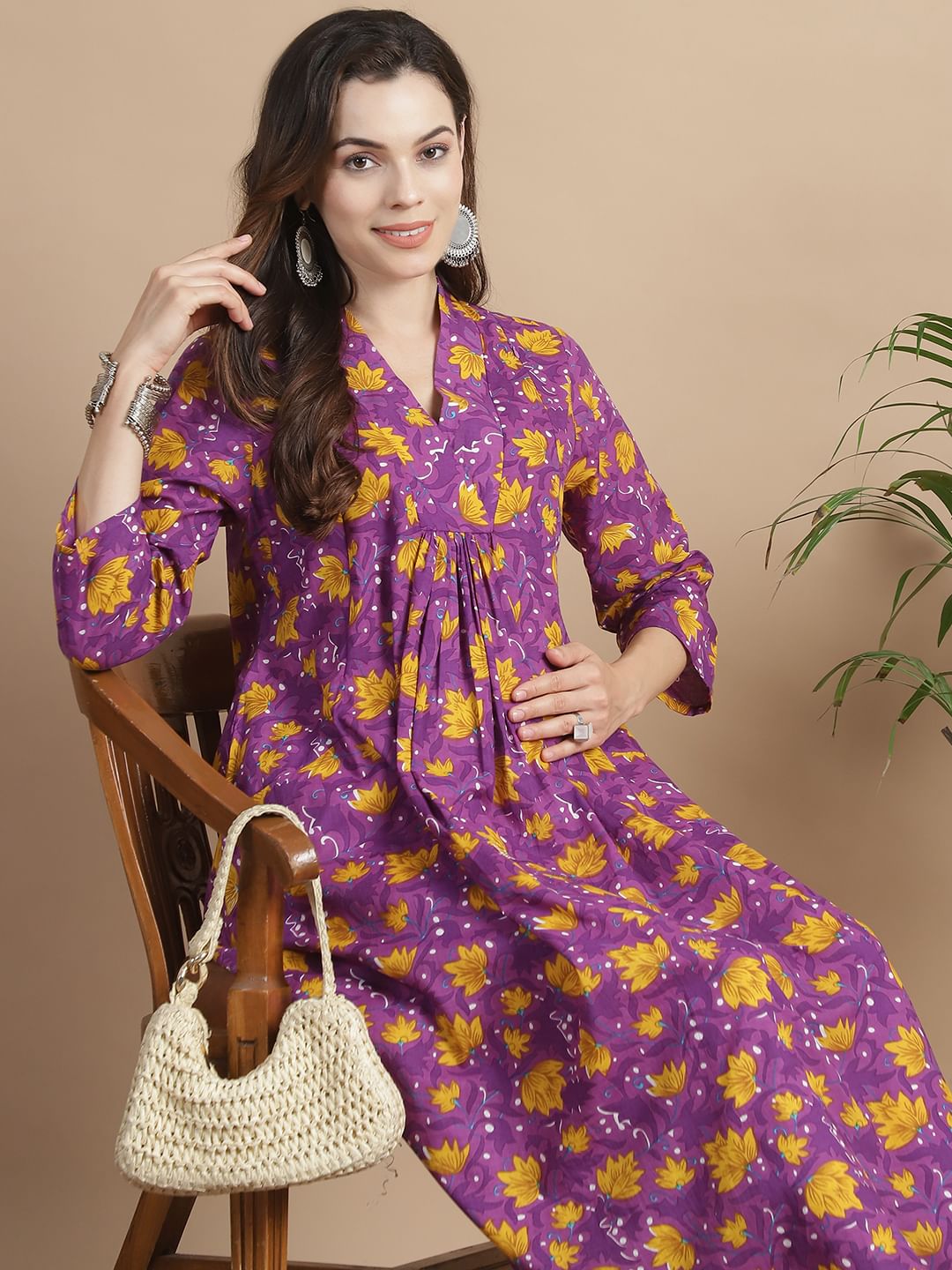Purple Floral Cotton Maternity Kurta