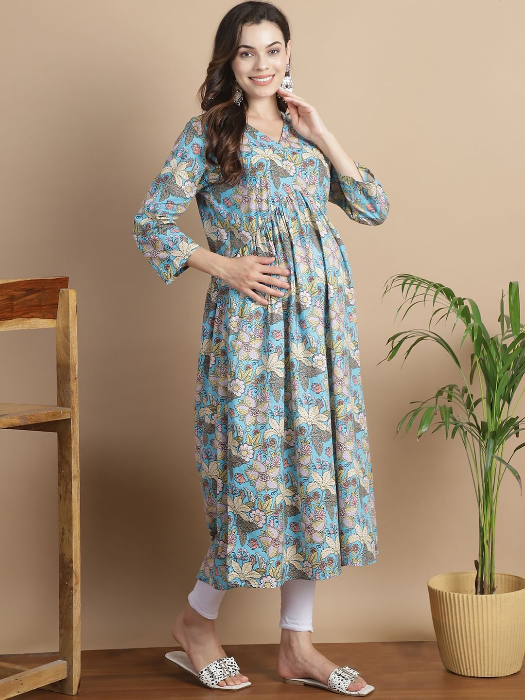 Sky Blue Floral Cotton Maternity Kurta