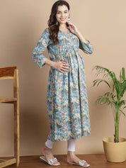 Sky Blue Floral Cotton Maternity Kurta