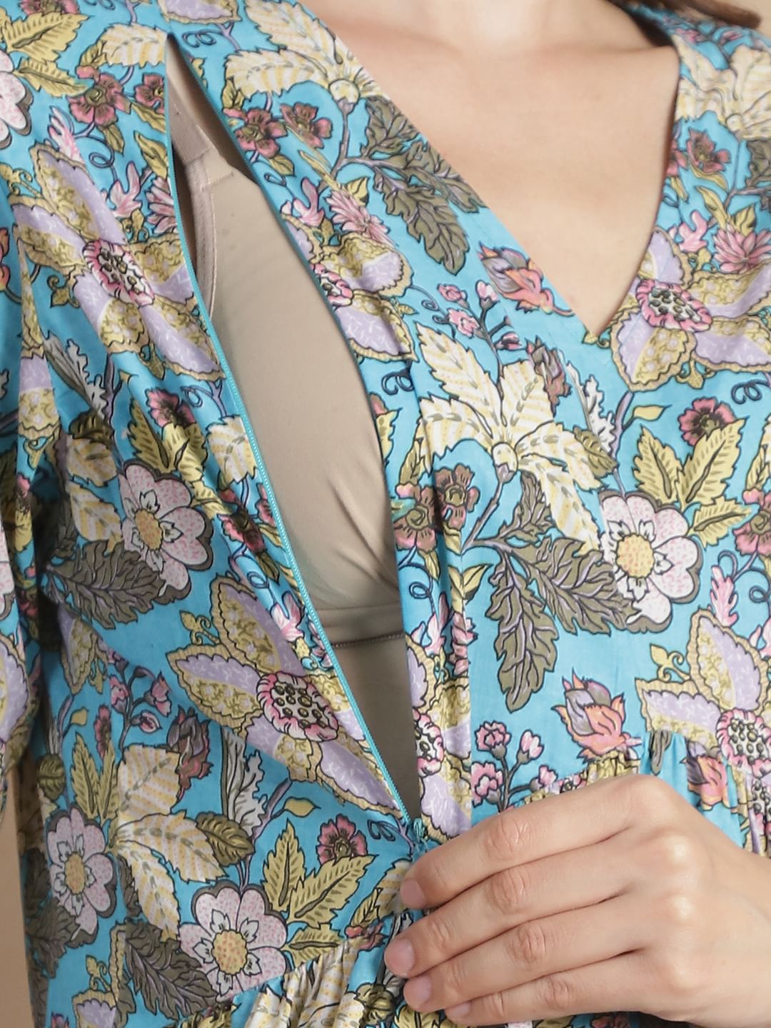 Sky Blue Floral Cotton Maternity Kurta