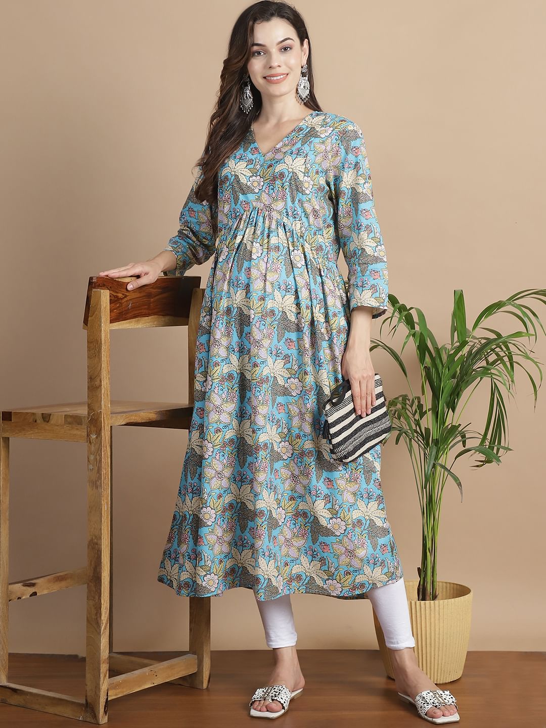 Sky Blue Floral Cotton Maternity Kurta