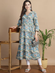 Sky Blue Floral Cotton Maternity Kurta