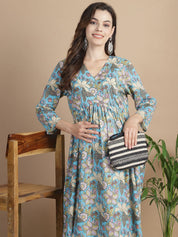 Sky Blue Floral Cotton Maternity Kurta