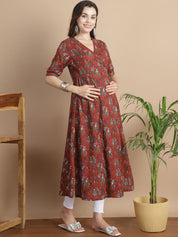 Maroon Ethinic Print Cotton Maternity Kurta